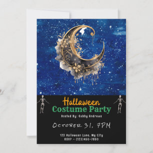 Convite Lua Crescente Preta e Dourada Halloween Preto