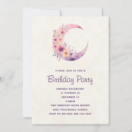 Convite Lua Crescente Rosa com Aniversário de Flores Linda