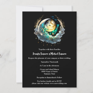 Convite Lua de cheio Celestial verde-preto brilhando céu n