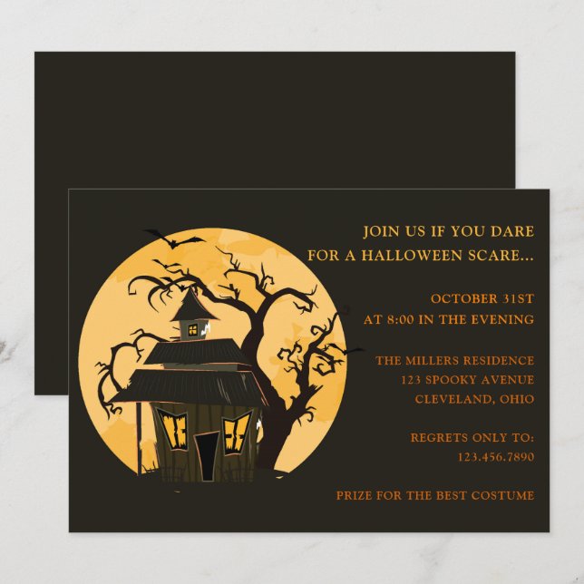 Convite Lua de Halloween e Casa Assombrada  Halloween (Frente/Verso)