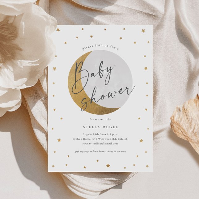 Convite Lua Dourada e Estrelas Chá de fraldas neutro por g (Gold Moon and Stars Script Gender Neutral Baby Shower Invitations.)