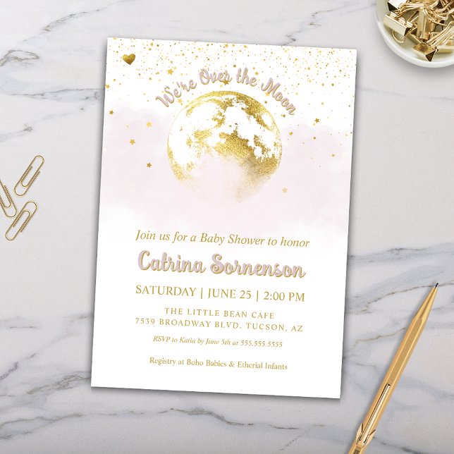 Convite Lua Dourada rosa e estrelas Chá de fraldas celesti (Pink and Gold Over the Moon Baby Shower Invitation for Baby Girl Celestial Baby Shower)