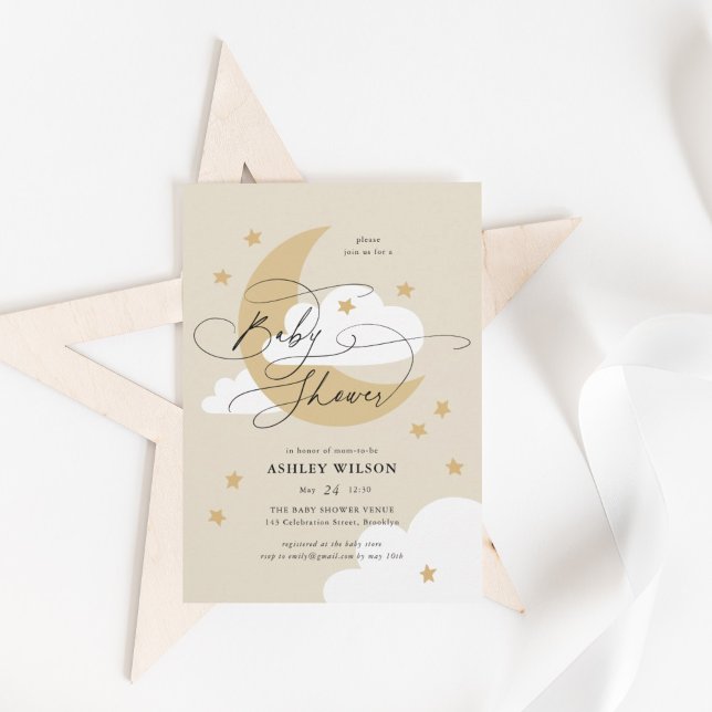 Convite Lua e Estrelas Beige Elegante Chá de fraldas de Sc (Criador carregado)