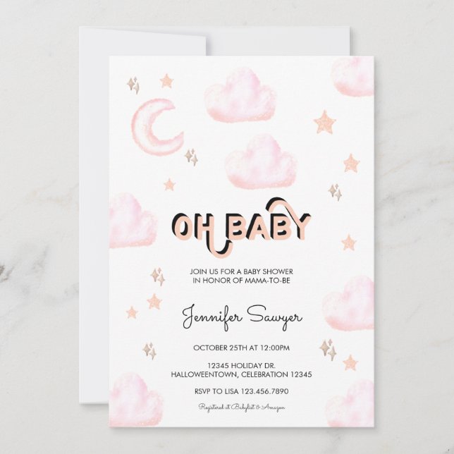 Convite Lua e Estrelas | Chá de fraldas de Aquarela Modern (Frente)