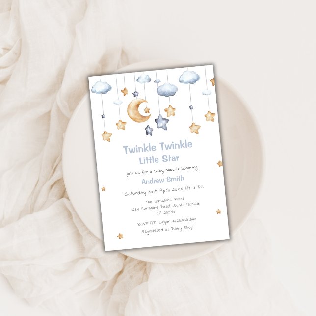 Convite Lua e estrelas em branco Chá de fraldas de brilho (Cute Moon & Stars Twinkle Twinkle Baby Shower Invitation)