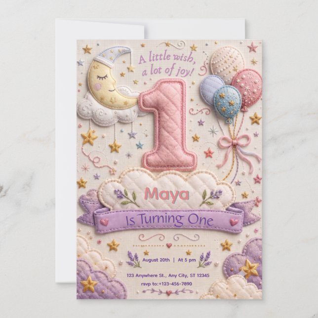 Convite Lua Estrelas Nuvem Menina 1º Aniversário (Frente)