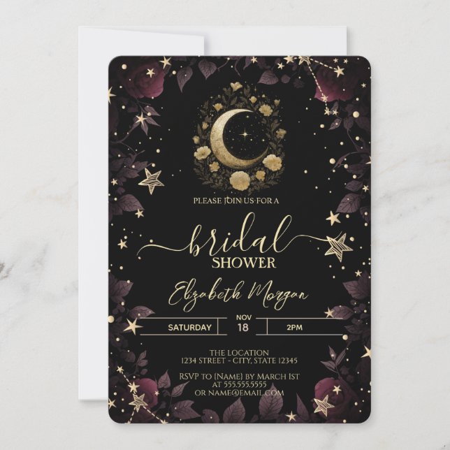 Convite Lua Floral Dourada, Rosas de Estrelas Chá de Bebê (Frente)