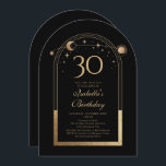 Convite Lua Negra Celestial Dourada Estrelas aniversário d<br><div class="desc">A Celestial Black Sun Moon Astronomy aniversário de 30 anos Invirs apresenta um elegante sol dourado, lua e estrelas com um quadro de ouro sobre fundo negro. Dentro é a sua informação de convite de 30 anos. Personalize editando o texto nas caixas de texto. Projetado para você pelo Evco Studio...</div>