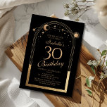 Convite Lua Negra Celestial Dourada Estrelas aniversário d<br><div class="desc">A Celestial Black Sun Moon Astronomy aniversário de 30 anos Invirs apresenta um elegante sol dourado, lua e estrelas com um quadro de ouro sobre fundo negro. Dentro é a sua informação de convite de 30 anos. Personalize editando o texto nas caixas de texto. Projetado para você pelo Evco Studio...</div>