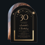 Convite Lua Negra Celestial Dourada Estrelas aniversário d<br><div class="desc">A Astronomia da Lua Negra Celestial, Astronomia da Lua Negra, Foto de aniversário de 30 anos, apresenta um elegante sol dourado, lua e estrelas com um quadro de ouro sobre fundo negro. Dentro é a sua informação de convite de 30 anos. Ao contrário, adicione sua foto favorita. Projetado para você...</div>