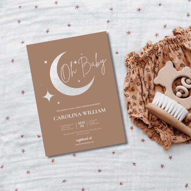 Convite Lua reluzente de prata e estrelas oh chá de fralda (Criador carregado)