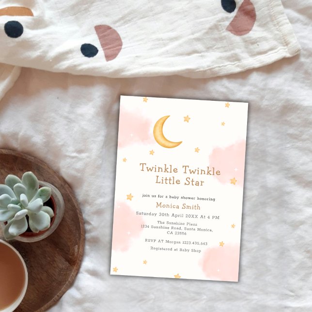 Convite Lua rosa Estrelas Twinkle Twinkle Chá de fraldas (Pink Moon Stars Twinkle Twinkle Girl Baby Shower Invitation)