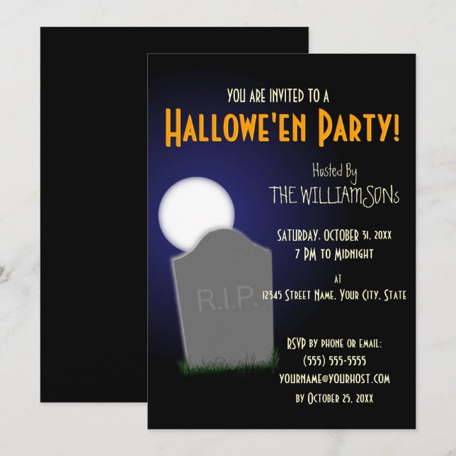 Convite Lua sinistra de Halloween e lápide (Frente/Verso)