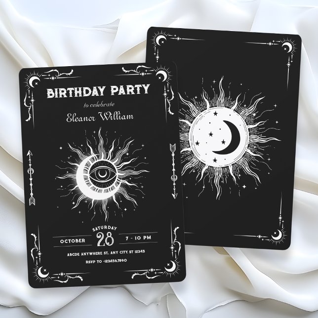 Convite lua sol tarot celeste aniversário preto branco (Criador carregado)