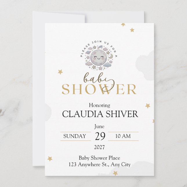 Convite Lua Sorridente Fofa com Estrelas e Nuvens (Frente)