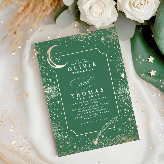 Convite Lua Stars Celestial Night Sage Casamento Verde (Celestial Sage Green Wedding Invitation)