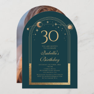 Convite Lua Verde Celestial Dourada Stars aniversário de 3