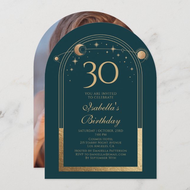 Convite Lua Verde Celestial Dourada Stars aniversário de 3 (Frente/Verso)