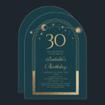 Convite Lua Verde Celestial Dourada Stars aniversário de 3<br><div class="desc">A Celestial Green Sun Moon Astronomy aniversário de 30 anos Invances apresenta um elegante sol dourado,  lua e estrelas com ouro sobre fundo verde-floresta. Dentro é a sua informação de convite de 30 anos. Personalize editando o texto nas caixas de texto. Projetado para você pelo Evco Studio www.zazzle.com/store/evcostudio</div>