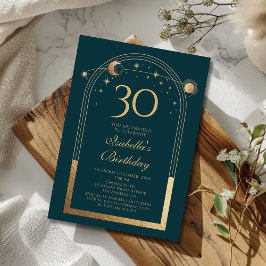 Convite Lua Verde Celestial Dourada Stars aniversário de 3