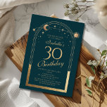 Convite Lua Verde Celestial Dourada Stars aniversário de 3<br><div class="desc">A Celestial Green Sun Moon Astronomy aniversário de 30 anos Invances apresenta um elegante sol dourado,  lua e estrelas com ouro sobre fundo verde-floresta. Dentro é a sua informação de convite de 30 anos. Personalize editando o texto nas caixas de texto. Projetado para você pelo Evco Studio www.zazzle.com/store/evcostudio</div>