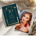 Convite Lua Verde Celestial Dourada Stars aniversário de 3<br><div class="desc">A Astronomia da Lua Solar Dourada Celestial Astronomy aniversário de 30 anos Photo Invtions apresenta um elegante sol dourado, lua e estrelas com um quadro de ouro sobre um fundo verde-floresta. Dentro é a sua informação de convite de 30 anos. Ao contrário, adicione sua foto favorita. Projetado para você pelo...</div>