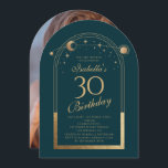 Convite Lua Verde Celestial Dourada Stars aniversário de 3<br><div class="desc">A Astronomia da Lua Solar Dourada Celestial Astronomy aniversário de 30 anos Photo Invtions apresenta um elegante sol dourado, lua e estrelas com um quadro de ouro sobre um fundo verde-floresta. Dentro é a sua informação de convite de 30 anos. Ao contrário, adicione sua foto favorita. Projetado para você pelo...</div>