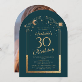 Convite Lua Verde Celestial Dourada Stars aniversário de 3
