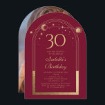 Convite Lua Vermelha Celestial Dourada Sol Estrelas aniver<br><div class="desc">A Celestial Red Dourada Sun Moon Astronomy aniversário de 30 anos Photo Invices apresenta um elegante sol dourado, lua e estrelas com um quadro de ouro sobre um fundo vermelho. Dentro é a sua informação de convite de 30 anos. Ao contrário, adicione sua foto favorita. Projetado para você pelo Evco...</div>