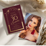 Convite Lua Vermelha Celestial Dourada Sol Estrelas aniver<br><div class="desc">A Celestial Red Dourada Sun Moon Astronomy aniversário de 30 anos Photo Invices apresenta um elegante sol dourado, lua e estrelas com um quadro de ouro sobre um fundo cor-de-rosa profundo. Dentro é a sua informação de convite de 30 anos. Ao contrário, adicione sua foto favorita. Projetado para você pelo...</div>