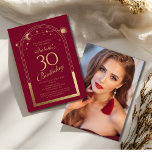 Convite Lua Vermelha Celestial Dourada Sol Estrelas aniver<br><div class="desc">A Celestial Red Dourada Sun Moon Astronomy aniversário de 30 anos Photo Invices apresenta um elegante sol dourado, lua e estrelas com um quadro de ouro sobre um fundo vermelho. Dentro é a sua informação de convite de 30 anos. Ao contrário, adicione sua foto favorita. Projetado para você pelo Evco...</div>