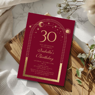 Convite Lua Vermelha Celestial Dourada Sol Estrelas aniver