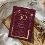 Convite Lua Vermelha Celestial Dourada Sol Estrelas aniver<br><div class="desc">A Celestial Red Dourada Sun Moon Astronomy aniversário de 30 anos Invirs apresenta um elegante sol dourado, lua e estrelas com um quadro de ouro sobre um fundo cor-de-rosa profundo. Dentro é a sua informação de convite de 30 anos. Personalize editando o texto nas caixas de texto. Projetado para você...</div>