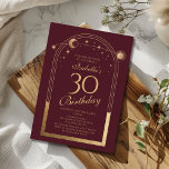 Convite Lua Vermelha Celestial Dourada Sol Estrelas aniver<br><div class="desc">A Celestial Red Dourada Sun Moon Astronomy aniversário de 30 anos Invirs apresenta um elegante sol dourado, lua e estrelas com um quadro de ouro sobre um fundo cor-de-rosa profundo. Dentro é a sua informação de convite de 30 anos. Personalize editando o texto nas caixas de texto. Projetado para você...</div>
