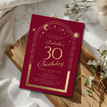 Convite Lua Vermelha Celestial Dourada Sol Estrelas aniver<br><div class="desc">A Celestial Red Dourada Sun Moon Astronomy aniversário de 30 anos Invices apresenta um elegante sol dourado, lua e estrelas com um quadro de ouro sobre fundo vermelho. Dentro é a sua informação de convite de 30 anos. Personalize editando o texto nas caixas de texto. Projetado para você pelo Evco...</div>
