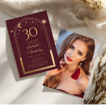 Convite Lua Vermelha Celestial Dourada Sol Estrelas aniver<br><div class="desc">A Celestial Red Dourada Sun Moon Astronomy aniversário de 30 anos Photo Invices apresenta um elegante sol dourado, lua e estrelas com um quadro de ouro sobre um fundo cor-de-rosa profundo. Dentro é a sua informação de convite de 30 anos. Ao contrário, adicione sua foto favorita. Projetado para você pelo...</div>
