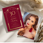 Convite Lua Vermelha Celestial Dourada Sol Estrelas aniver<br><div class="desc">A Celestial Red Dourada Sun Moon Astronomy aniversário de 30 anos Photo Invices apresenta um elegante sol dourado, lua e estrelas com um quadro de ouro sobre um fundo vermelho. Dentro é a sua informação de convite de 30 anos. Ao contrário, adicione sua foto favorita. Projetado para você pelo Evco...</div>