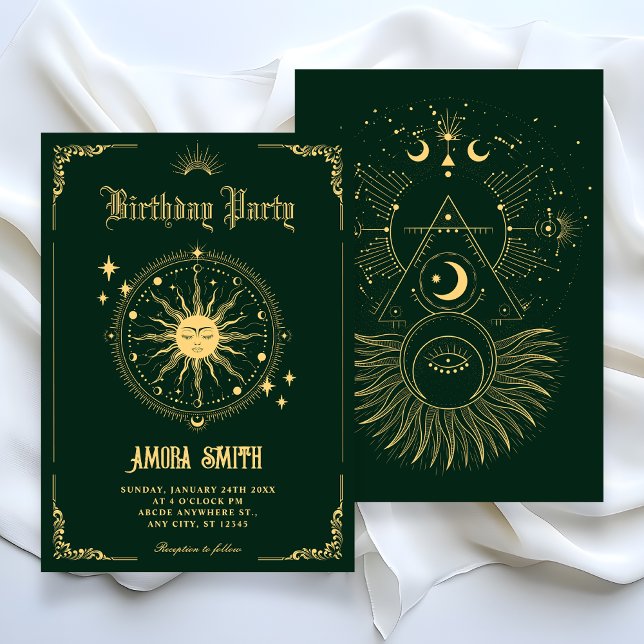 Convite Lua Vintage Sol arte boho símbolo aniversário (Criador carregado)