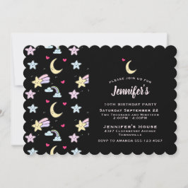 Convite Lua Whimsical, Estrelas e Nuvens em Negra