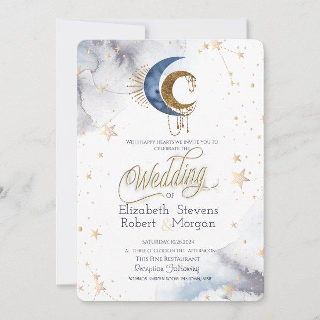 Convite Luares Celestiais, Estrelas Casamento Chic (Frente)