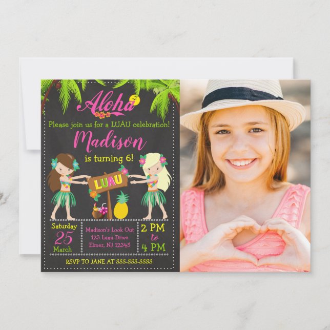 Convite Luau Birthday Invitation Aloha Photo Invite Girl (Frente)