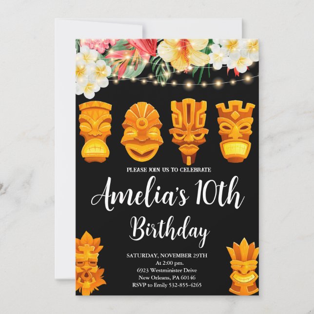 Convite Luau Birthday, Tiki Mask Party, Aloha, Tropical (Frente)