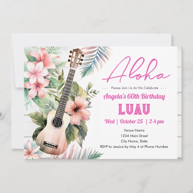 Convite Luau de aniversário de 60 anos com ukulele Aloha (Frente)