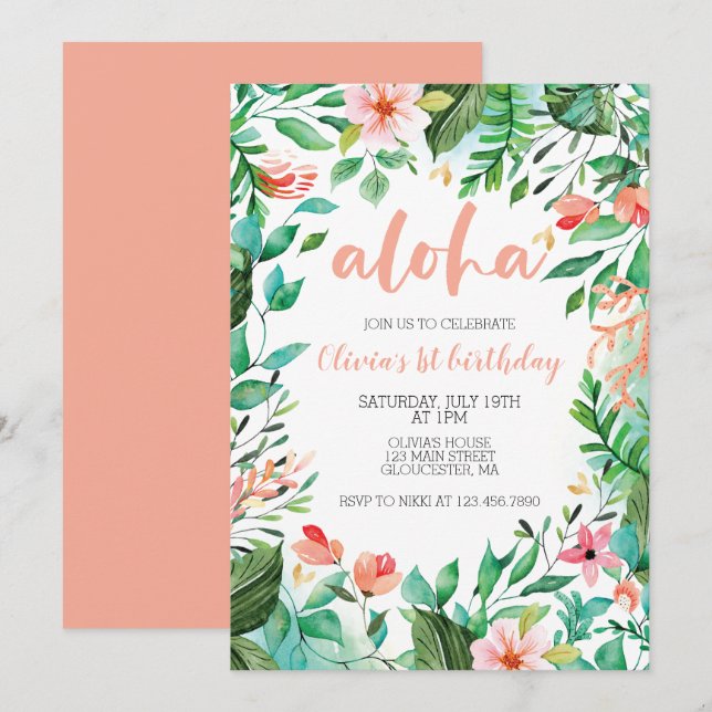 Convite Luau de primeiro aniversário Aloha Tropical (Frente/Verso)