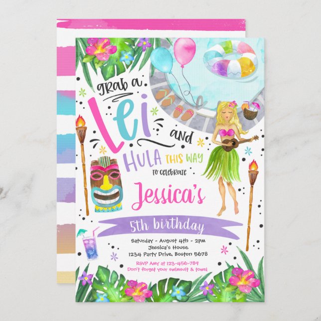 Convite Luau Festa de aniversário Partido Piscina do Abaca (Frente/Verso)