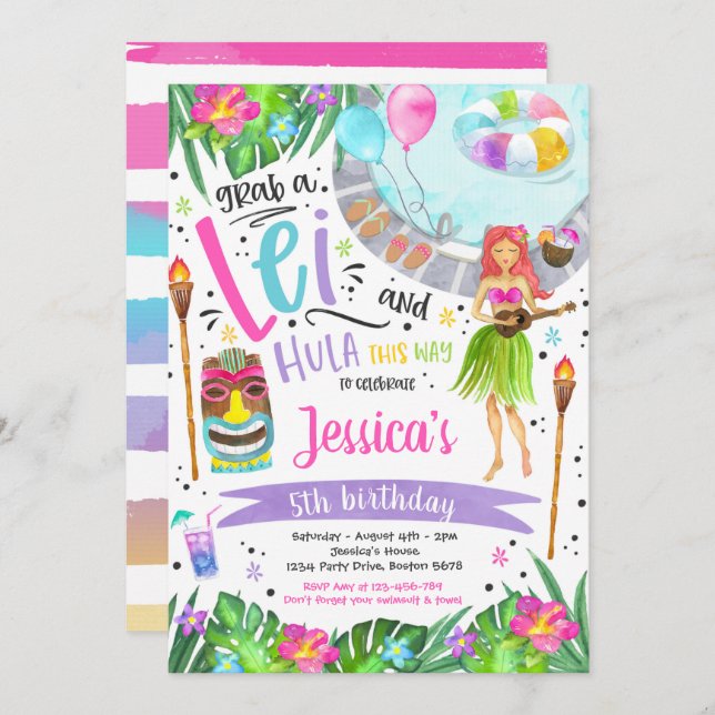Convite Luau Festa de aniversário Partido Piscina do Abaca (Frente/Verso)