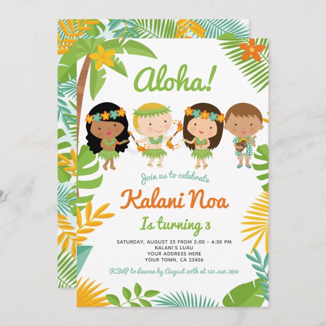 Convite Luau Hawaiian Birthday (Frente/Verso)