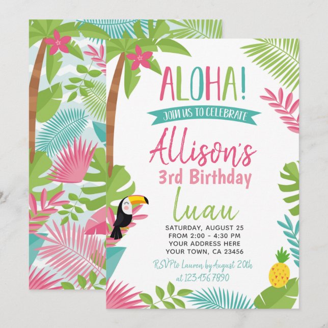 Convite Luau Hawaiian Birthday (Frente/Verso)