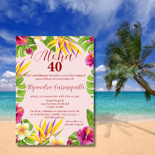 Convite Luau Rosa Tropical Espanhol de 40º Aniversário