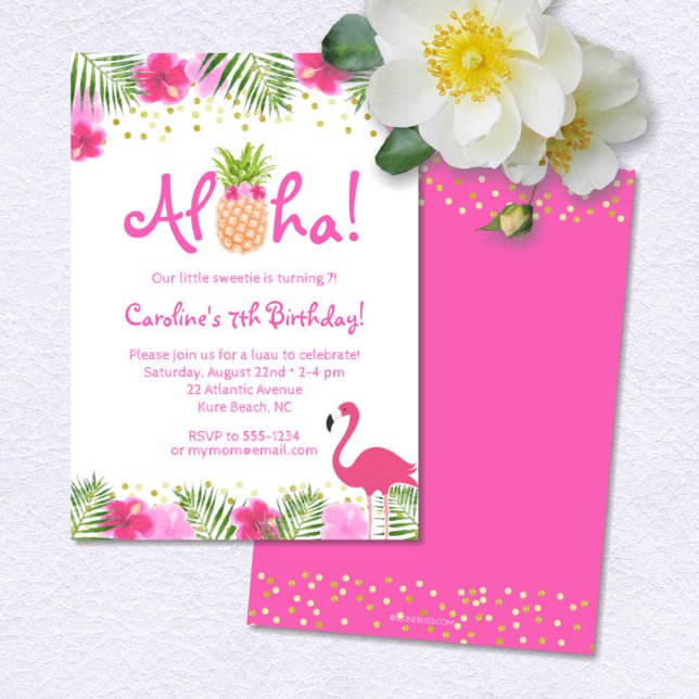 Convite Luau Tropical Floral Girl Summer Birday (Criador carregado)